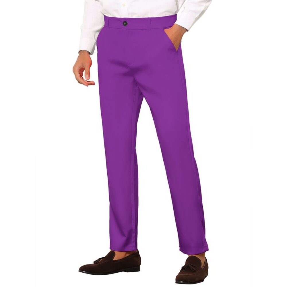 Slim Fit Dress Trousers Flat Front Solid Color Skinny Business Pants Purple